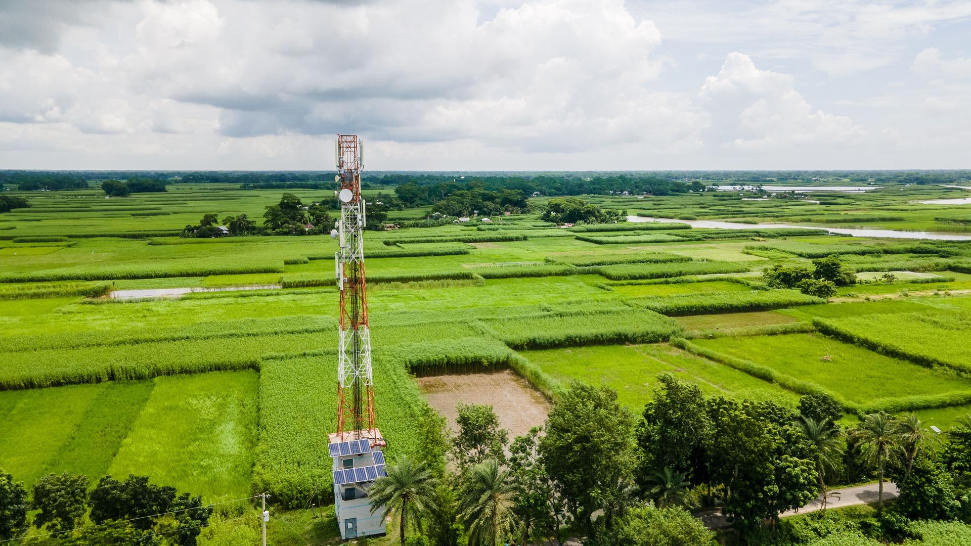 Aerial view of mobile network tower in a village of Bangladesh